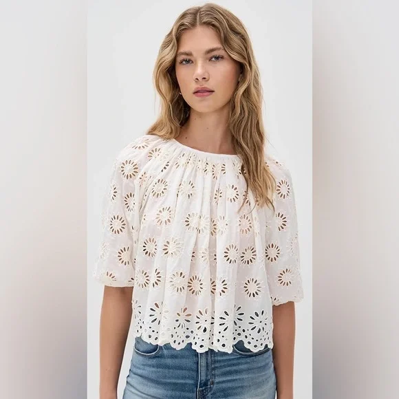 Madewell Embroidered Shirred Puff Sleeve Top - Picture 1 of 16